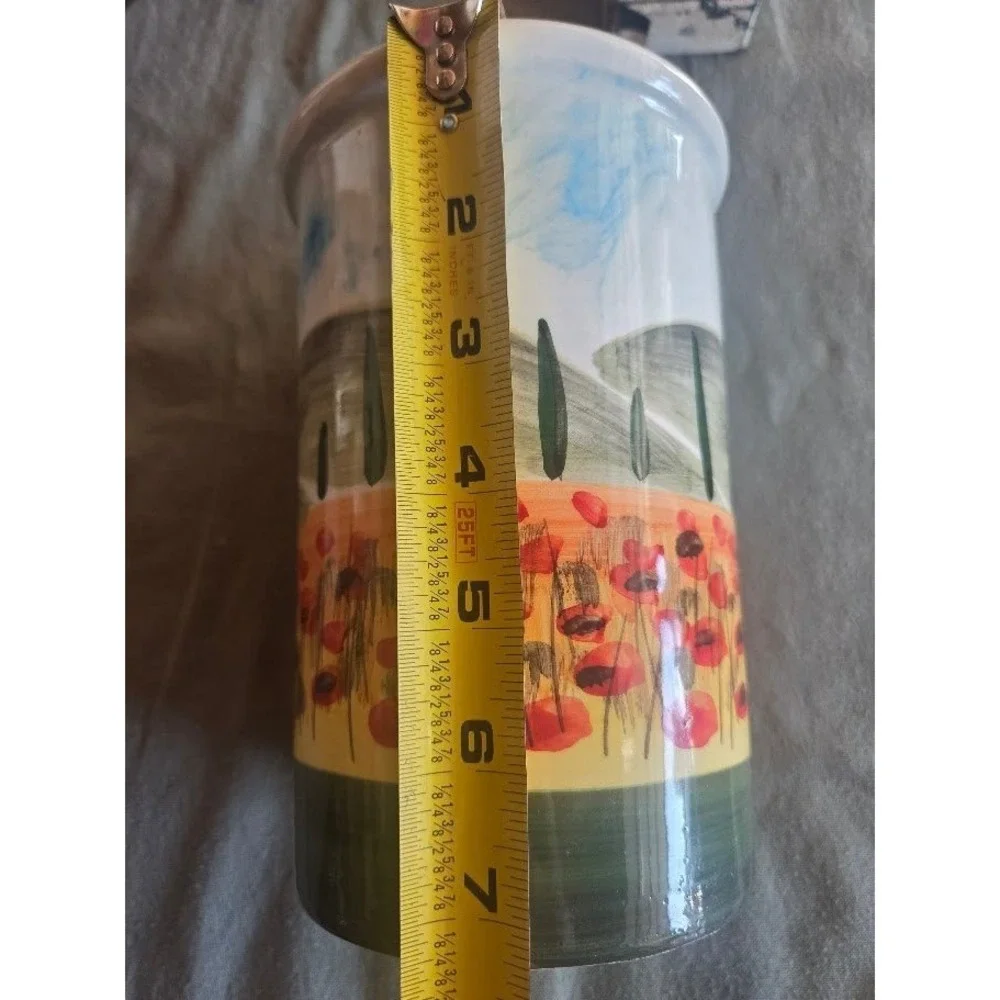 Hand Painted Made in Italy Ceramic Vase Tuscan Poppy Field Cypress Trees 7in